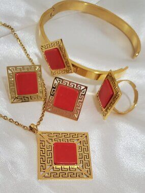 Luxury Style Red Stone Jewelry Set | 18K Gold Plated Stainless Steel Greek Key